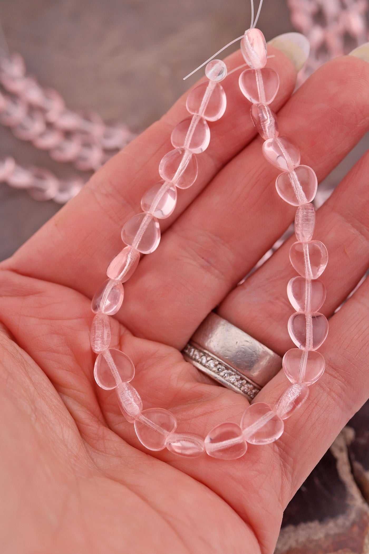 Pale Pink Translucent Czech Glass Heart Beads, 8x7mm, 25 beads for making Valentine's Day jewelry