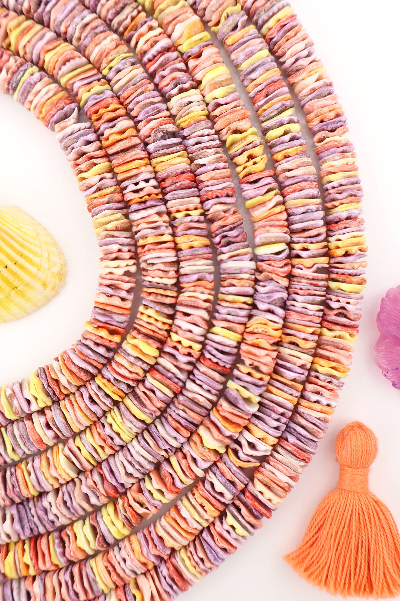 Rainbow Pectin Shell Wavy Heishi Beads, 8mm, for Mermaidcore and surfer DIY Bracelets, Necklaces