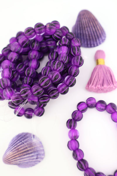 8mm Purple Czech Glass Melon Beads with Purple Wash, Large Hole Euro Beads Inspired by Forte Beads