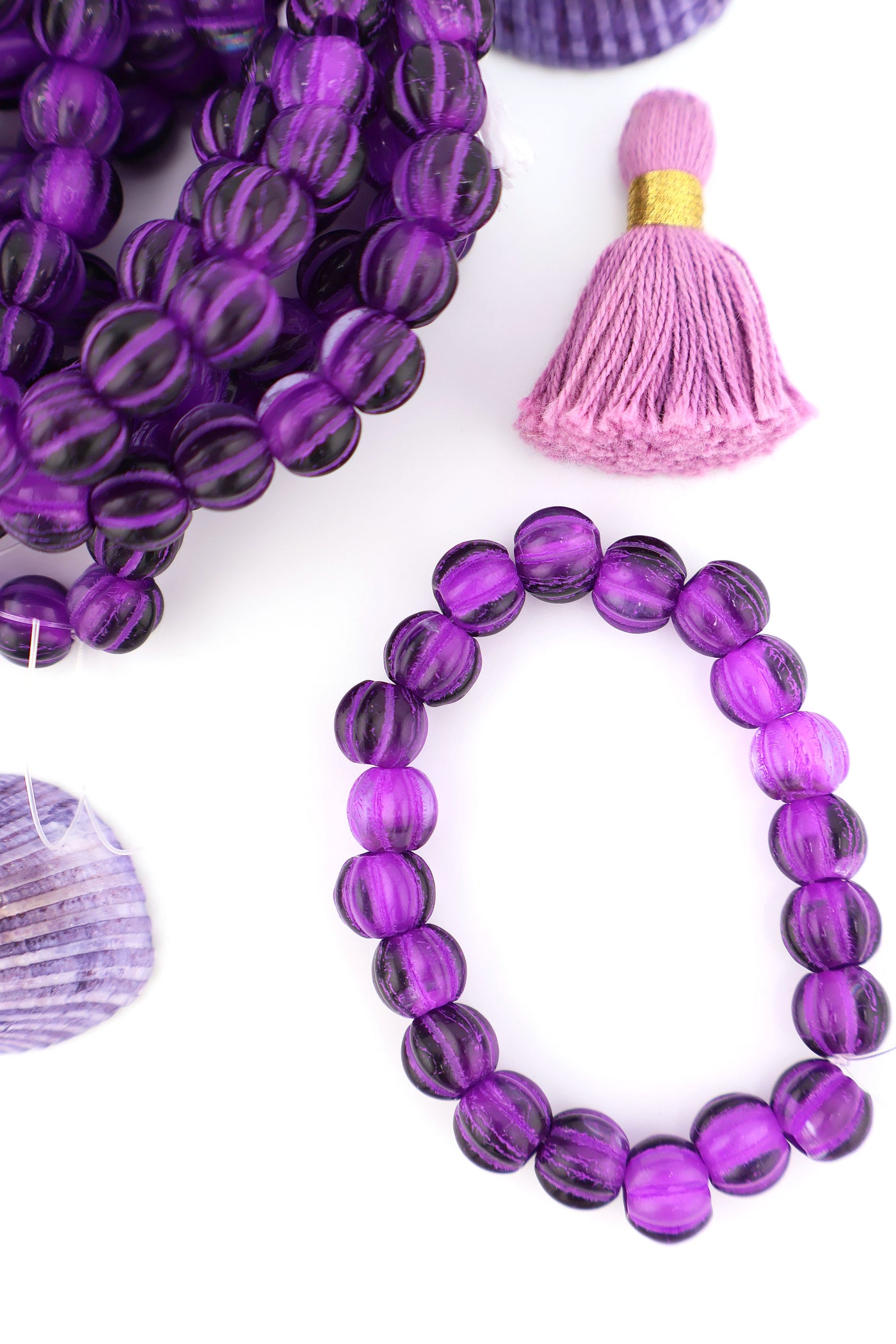 8mm Purple Czech Glass Melon Beads with Purple Wash, Large Hole Euro Beads Inspired by Forte Beads