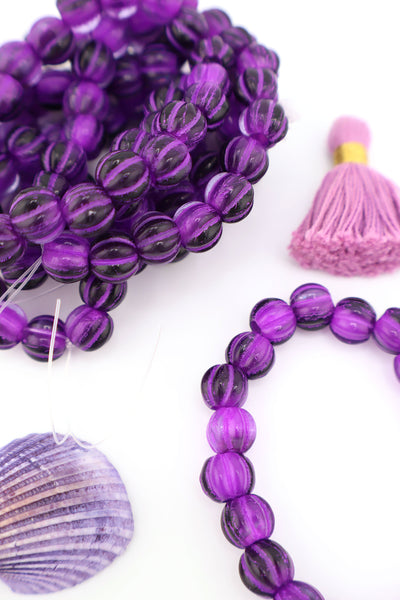 8mm Purple Czech Glass Melon Beads with Purple Wash, Large Hole Euro Beads Inspired by Forte Beads