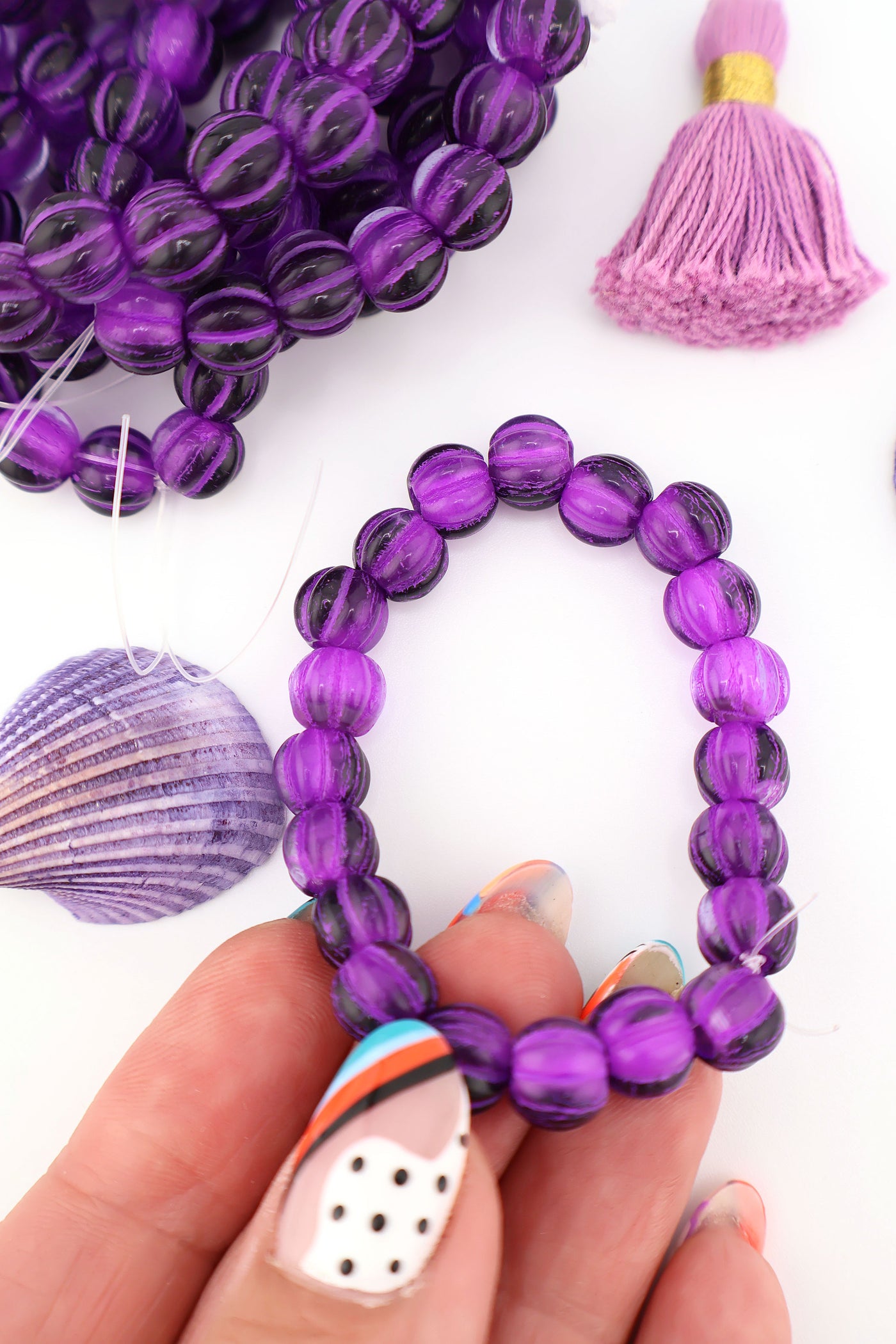 8mm Purple Czech Glass Melon Beads with Purple Wash