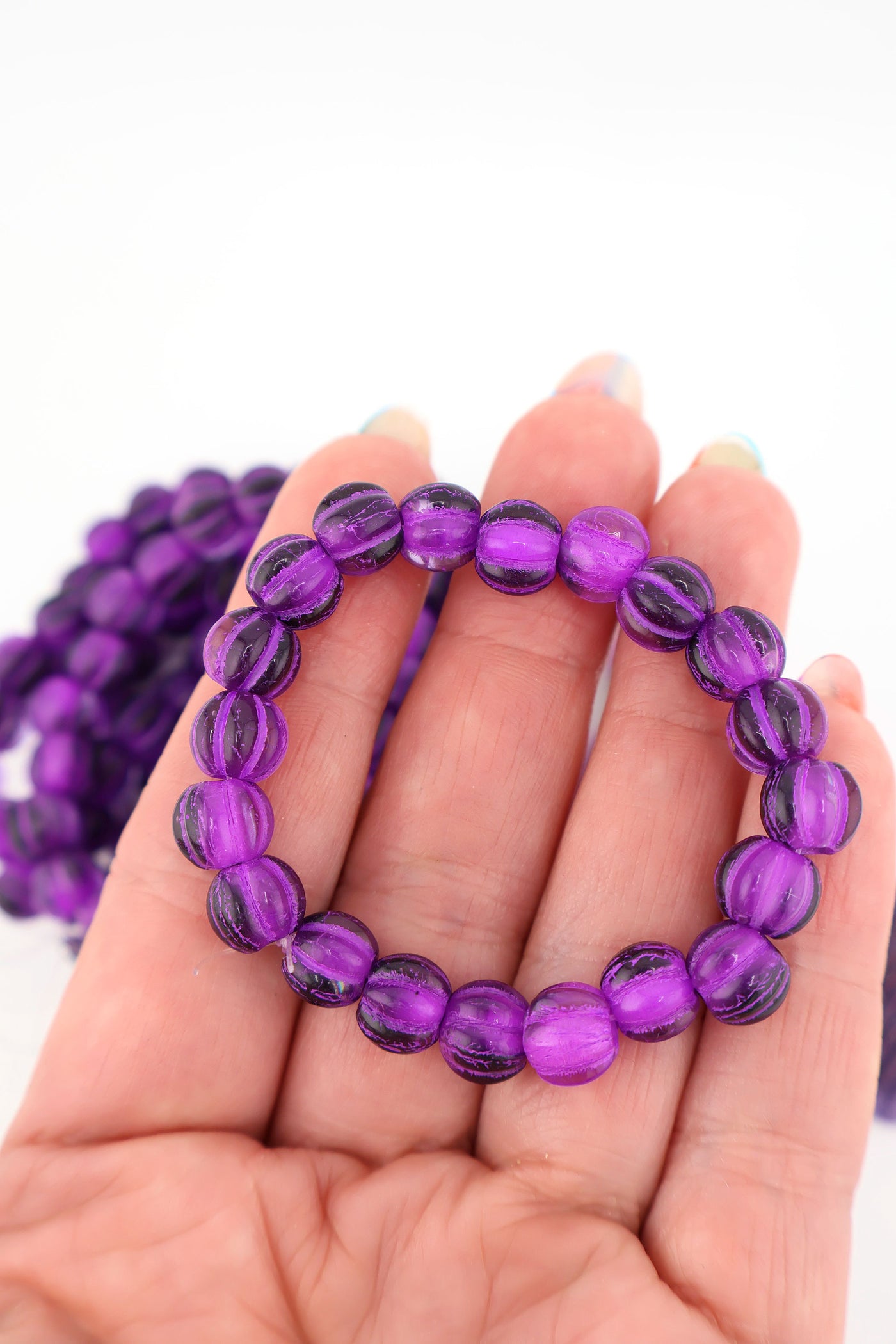 8mm Purple Czech Glass Melon Beads with Purple Wash, Large Hole Euro Beads Inspired by Forte Beads