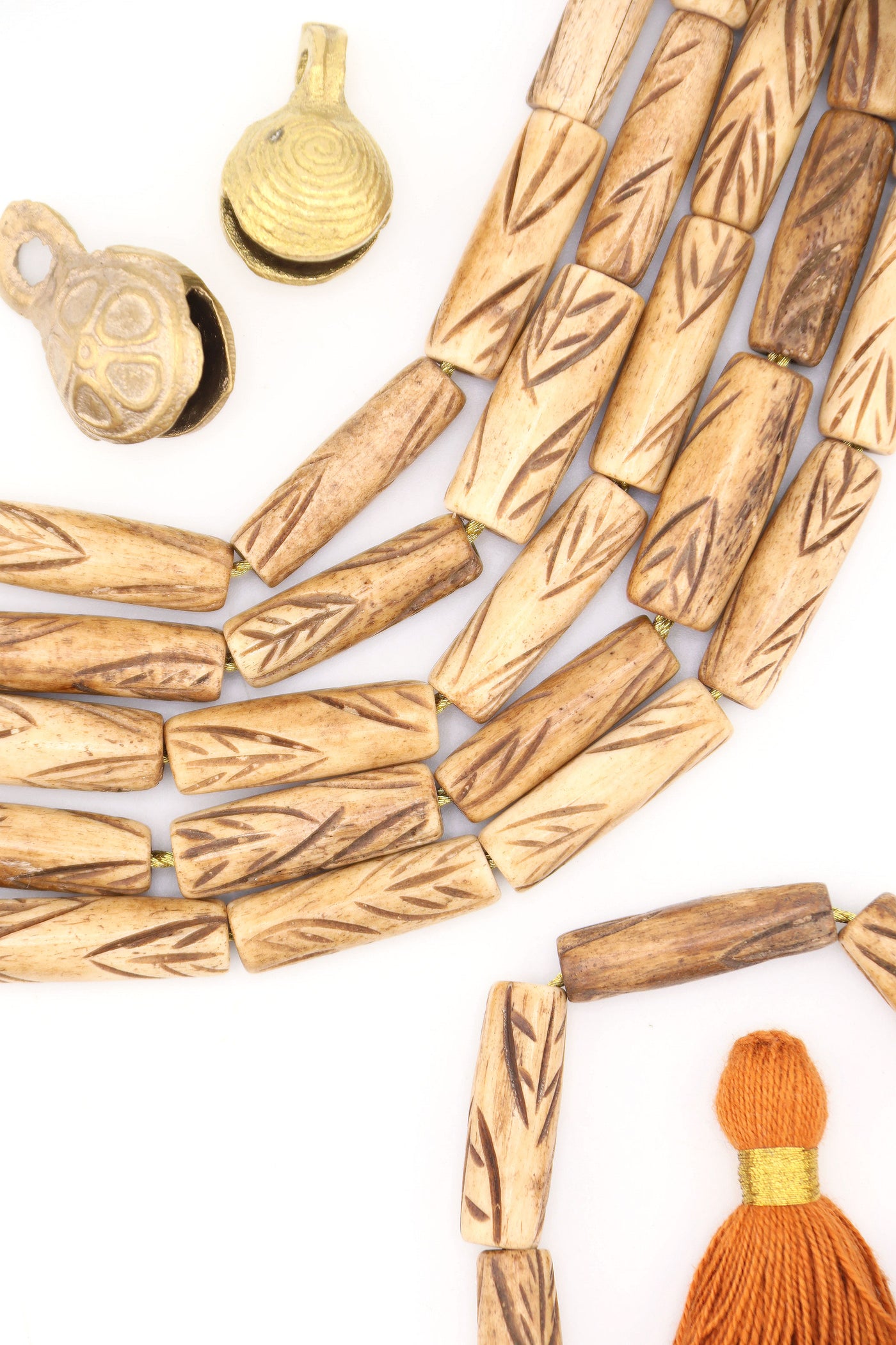 Carved Feather Pattern Tan Tube Bone Beads: 8x24mm, 10 Beads made in India, eco-friendly