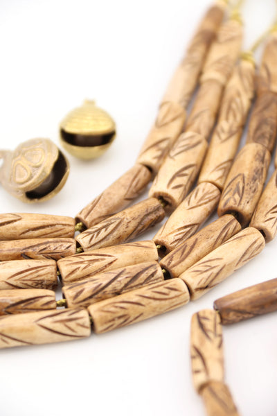 Carved Feather Pattern Tan Tube Bone Beads: 8x24mm, 10 Beads made in India, eco-friendly