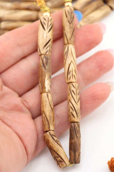 Carved Feather Pattern Tan Tube Bone Beads: 8x24mm, 10 Beads made in India, eco-friendly