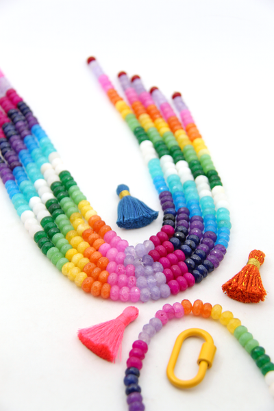 Rainbow Bead Strands for creating colorful rainbow jewelry. Dyed jade faceted beads in pink