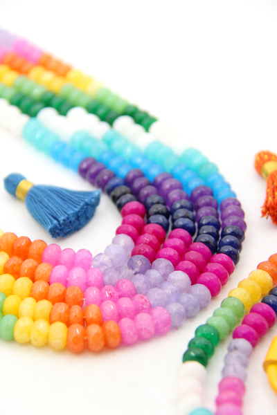 Rainbow Bead Strands for creating colorful rainbow jewelry. Dyed jade faceted beads in aqua