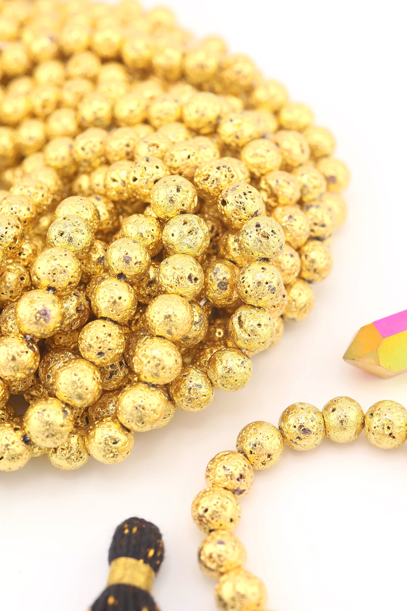 Gold Electroplated Lava Beads, 9mm Metallic Volcanic Beads for making lightweight metallic jewelry