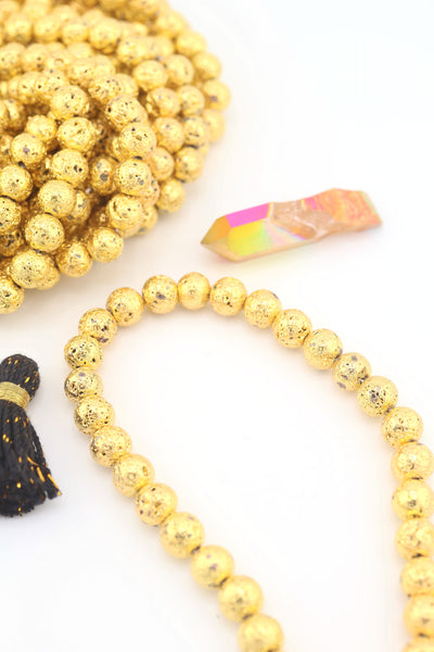 Gold Electroplated Lava Beads, 9mm Metallic Volcanic Beads for making lightweight metallic jewelry