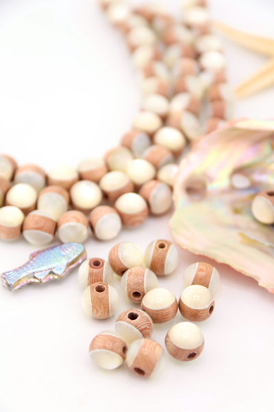 3 strands curved, along with loose iInlaid Rosewood & Mother of Pearl Round Beads, 9mm. 