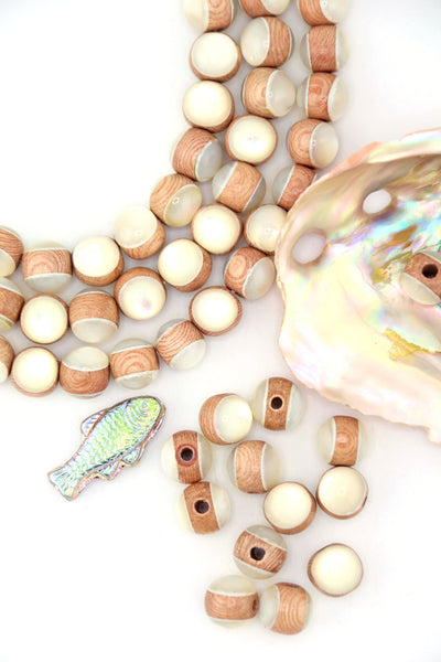 3 strands curved, along with loose iInlaid Rosewood & Mother of Pearl Round Beads, 9mm. 