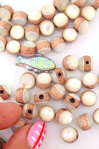 3 strands curved, along with loose iInlaid Rosewood & Mother of Pearl Round Beads, 9mm. 