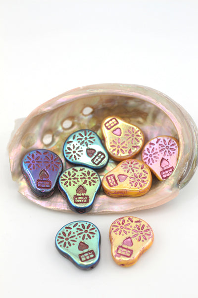 AB Metallic Sugar Skull Beads, Czech Glass, 4 pieces, 20x16mm for Dia de los Muertos DIY Jewelry