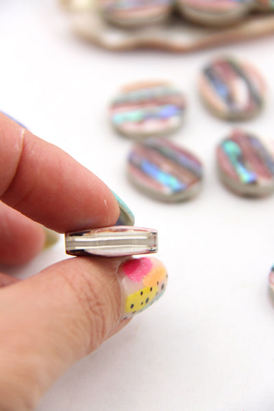 Mexican Purple Spiny Oyster & Abalone Inlaid Striped Oval Bead, 1 Charm for DIY Mermaidcore jewelry