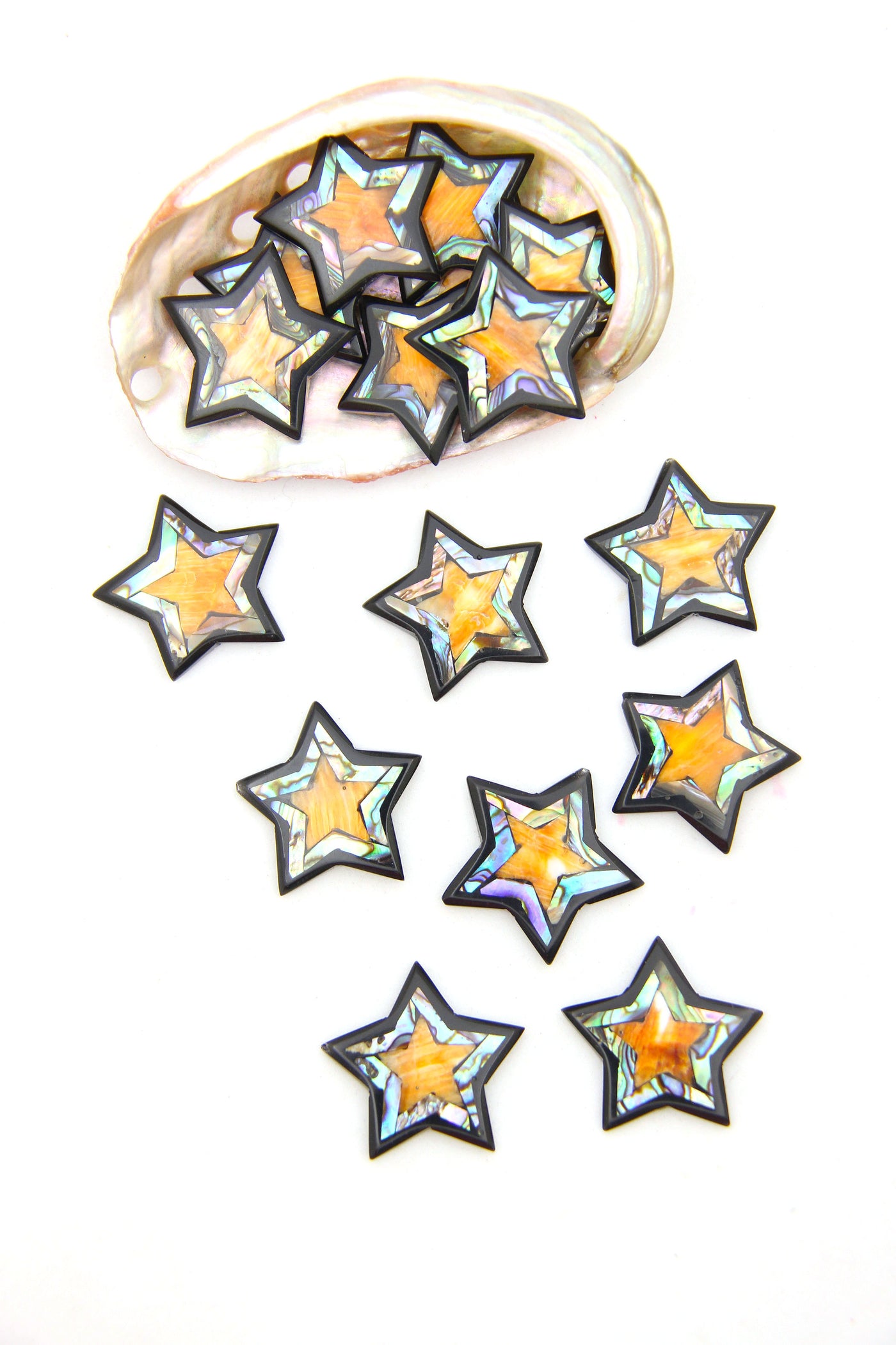 Star Shaped Ebony Wood, Abalone, and Spiny Oyster Inlaid Bead, 1 Charm