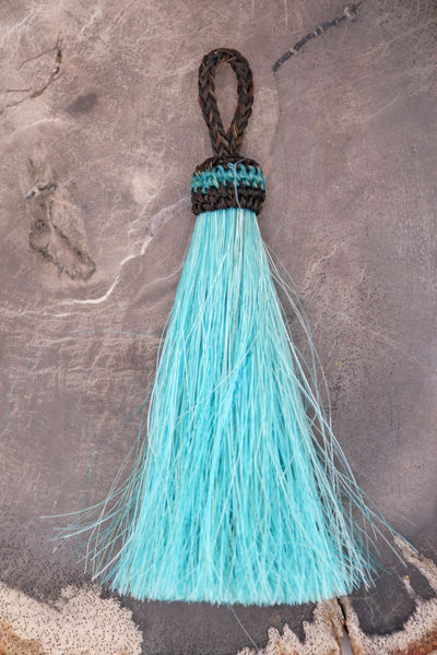 Aqua 4.5" Dyed Horse Hair Tassels, Ethically Made, 1 piece for jewelry making, purse charms.