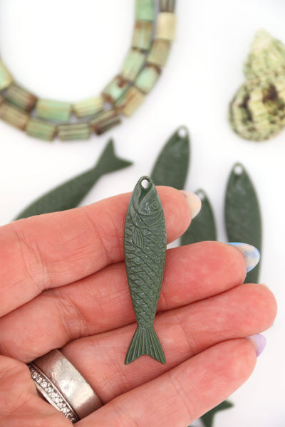 Army Green Fish Beach Charm, German Resin Amulet, 48mm, for making DIY fisherman aesthetic jewelry