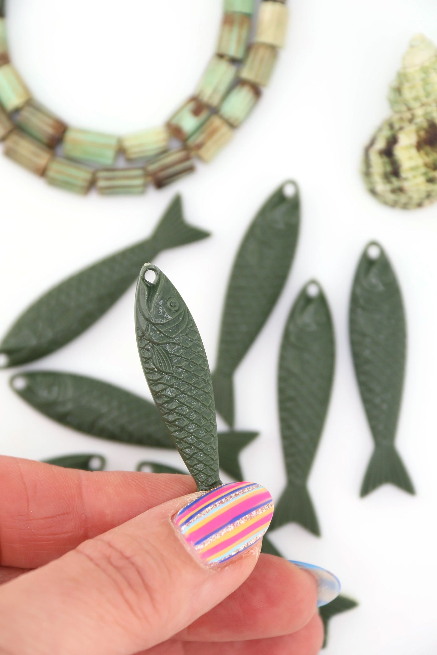 Army Green Fish Beach Charm, German Resin Amulet, 48mm, for making DIY fisherman aesthetic jewelry