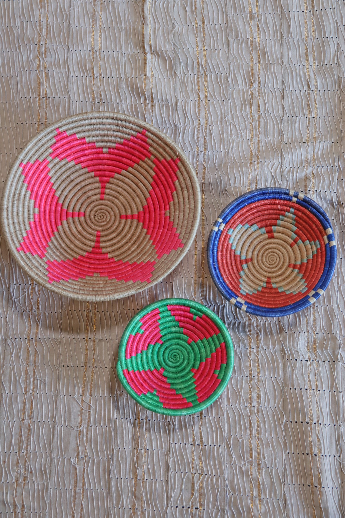 August African Basket Collection, Pink, Green, Blue, from Rwanda, Set of 3
