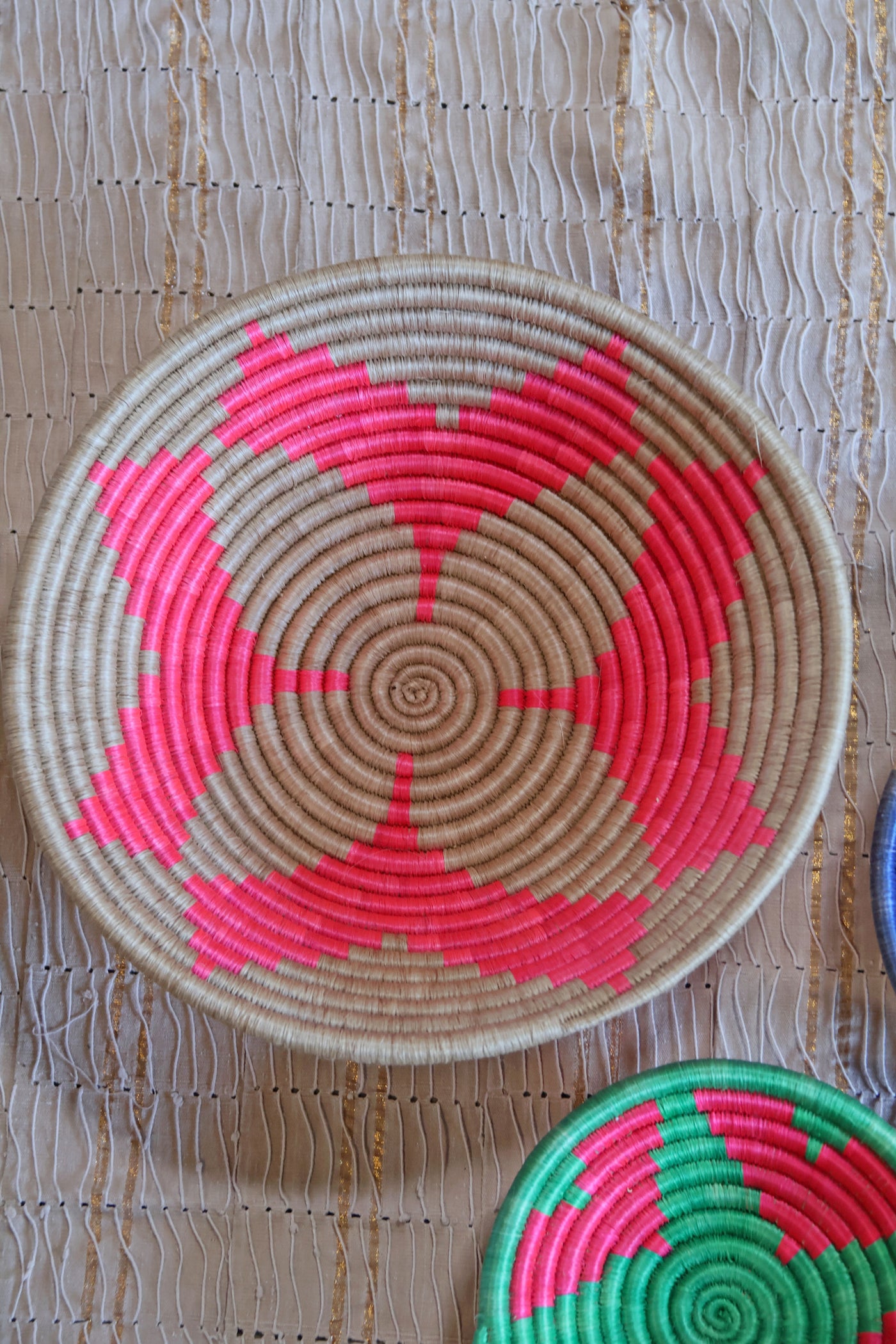 August African Basket Collection, Pink, Green, Blue, from Rwanda, Set of 3