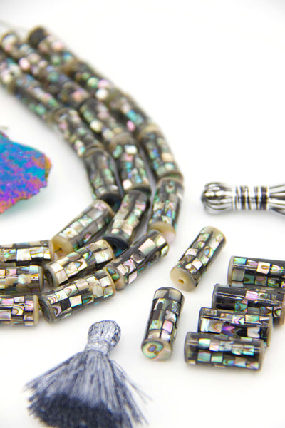Natural Mosaic Abalone Tube Beads, 9x20mm, 1 piece