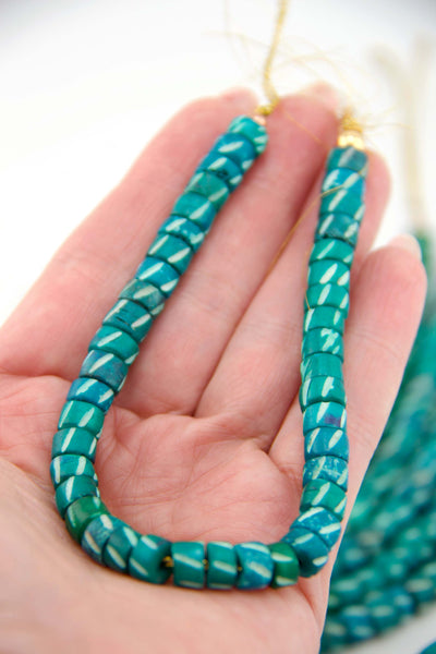 Teal Green Tribal Heishi Tube: Carved Bone Spacer Beads, 7x5mm, 42 pcs