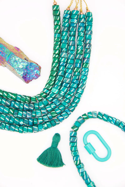 Teal Green Tribal Heishi Tube: Carved Bone Spacer Beads for making DIY jewelry inspired by Aurora Borealis