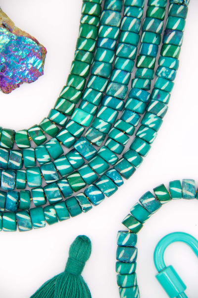 Teal Green Tribal Heishi Tube: Carved Bone Spacer Beads for making DIY jewelry inspired by Aurora Borealis