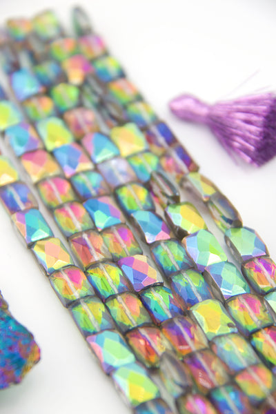 Aurora Borealis Faceted Rectangle Glass Beads, AB Finish, 8x12mm