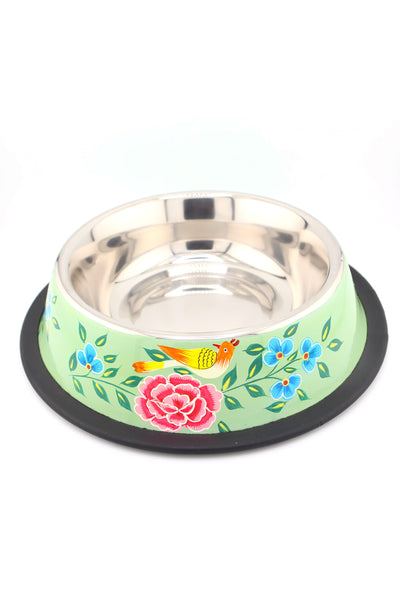 Floral Handpainted Enamelware Stainless Steel Pet Water Bowl