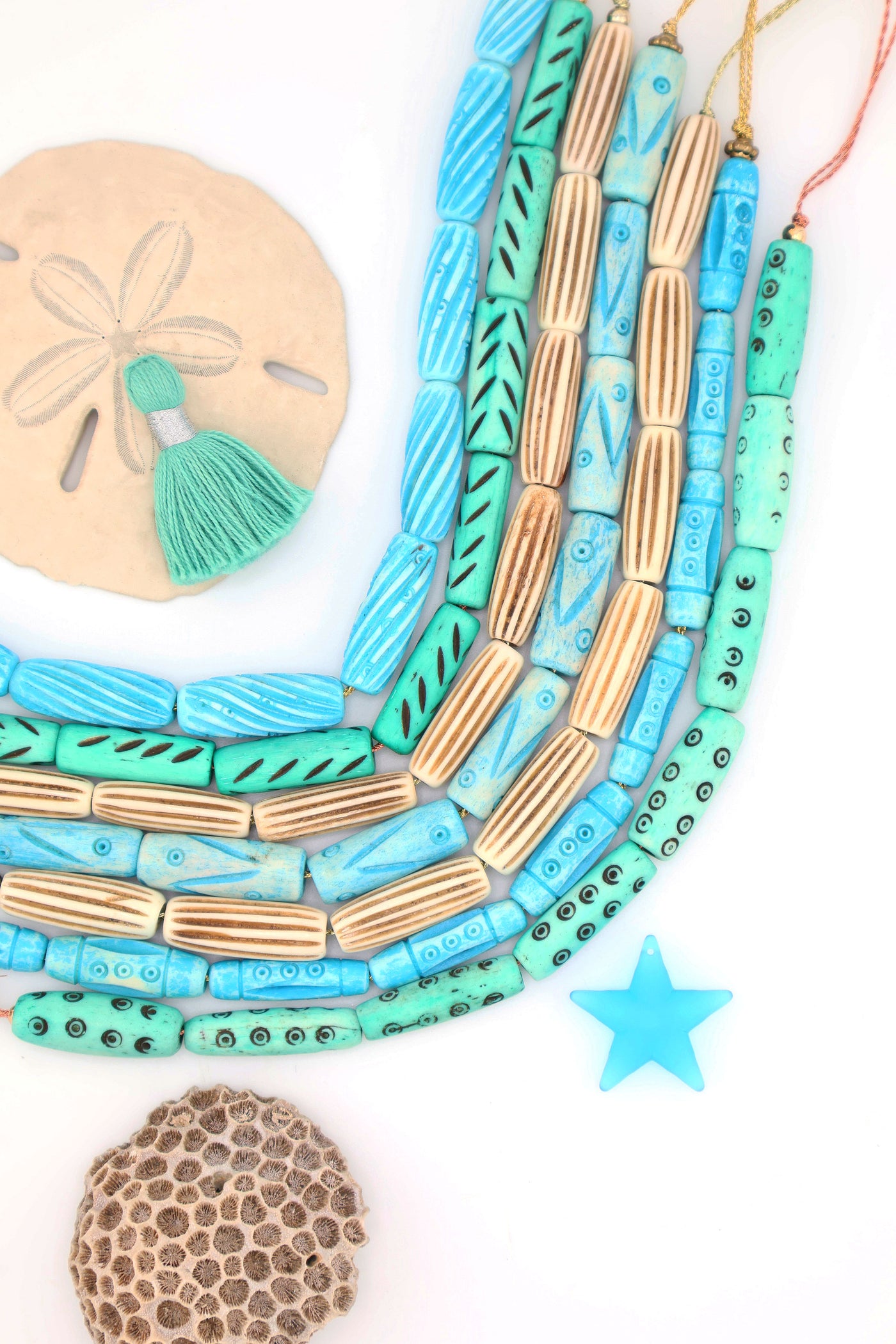Bead Bundle: Turquoise, Teal, and Cream Handmade Tube Bone Beads, 56+ Beads for Beachy DIY Jewelry 