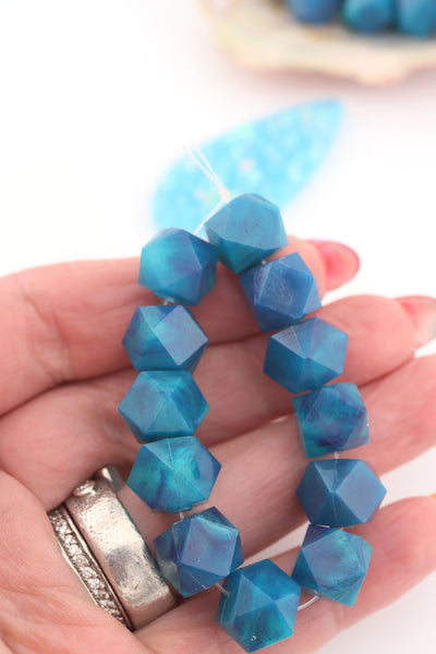 Bermuda Blue & 12 Sided Faceted Cube Beads, German Resin, 10mm. for DIY Fisherman Aesthetic Jewelry