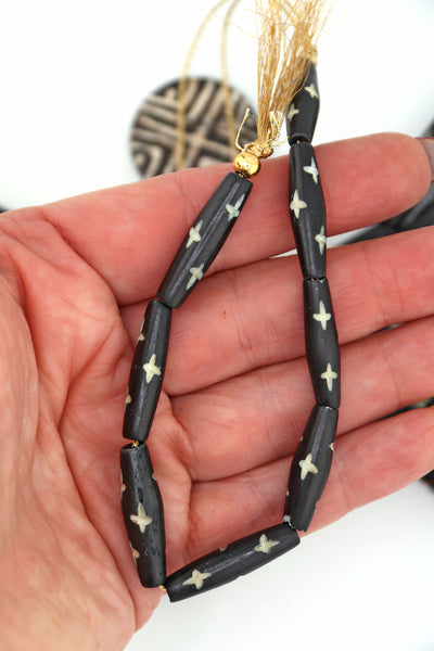 Black Bicone Tube with Carved Star Bone Beads: 8x25mm, 8 beads for granola girl DIY jewelry