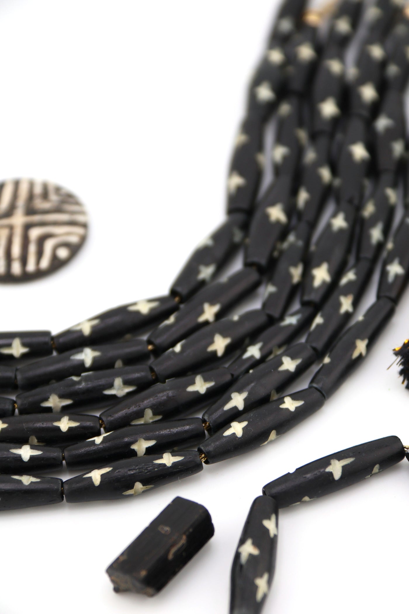 Black Bicone Tube with Carved Star Bone Beads: 8x25mm, 8 beads for granola girl DIY jewelry