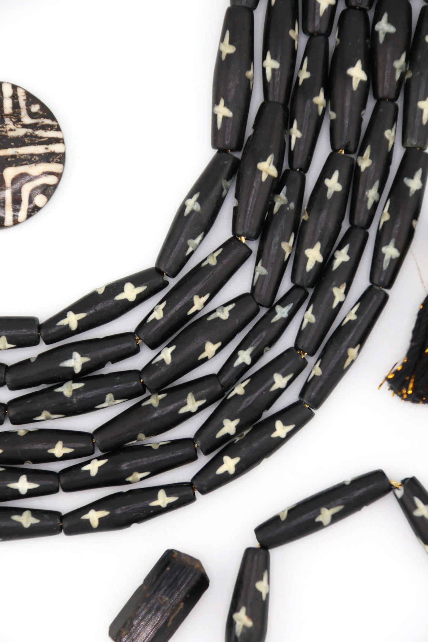 Black Bicone Tube with Carved Star Bone Beads: 8x25mm, 8 beads for granola girl DIY jewelry