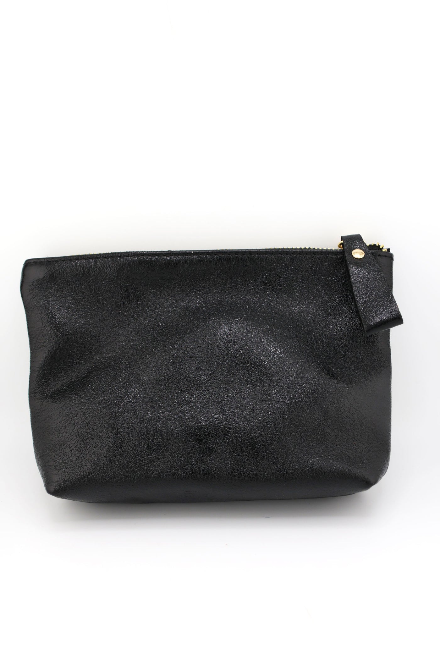 Black Metallic Italian Leather Zipper Pouch, Purse, 8" Soft Real Leather Cosmetic Pouch