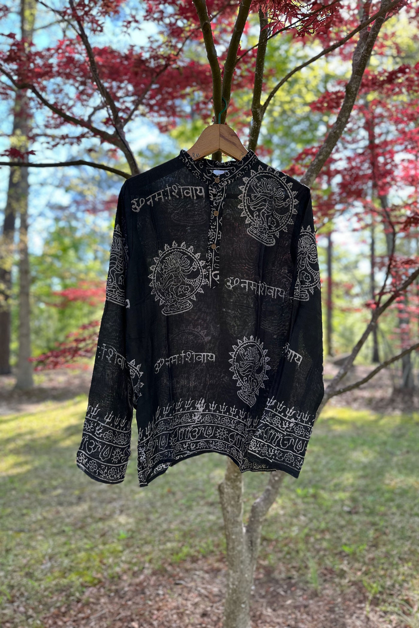 Black Om Shirt: Laid Back Boho, Wanderlust Style, Rayon Block Printed Hippie Shirt from India