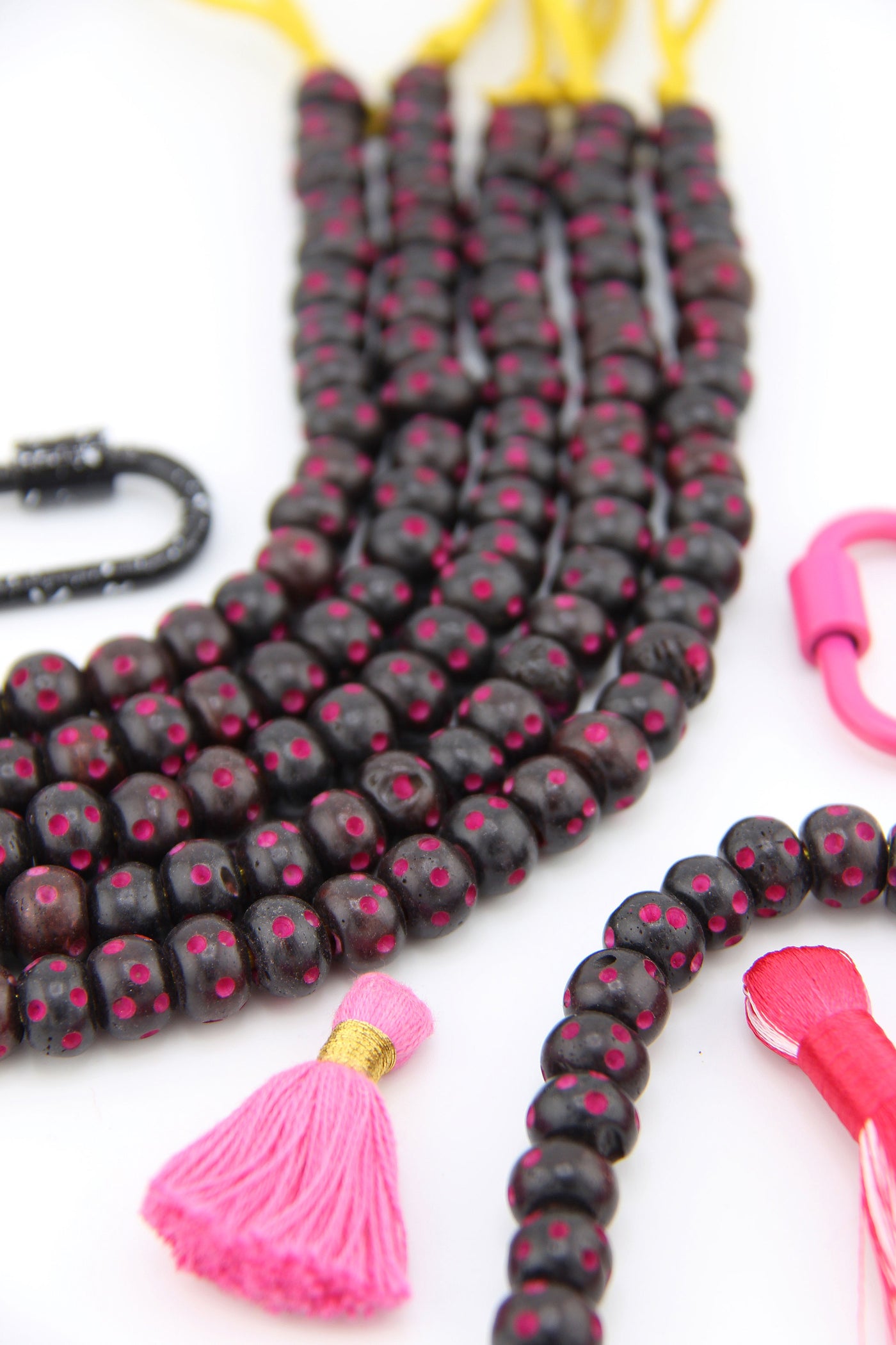 Black Rondelle w/ Hand Carved Magenta Pink Dots: Handmade Bone Beads, 10x7mm
