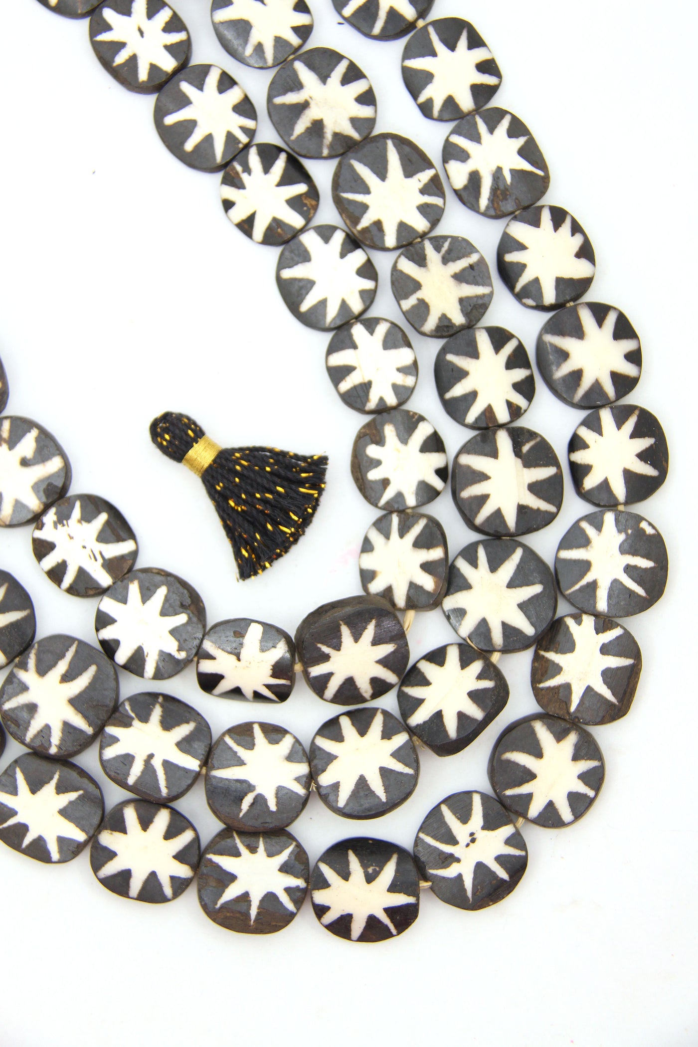 Black & White Star Pattern African Batik Bone Bead, Coin Shape, Kenya, 33" Necklace