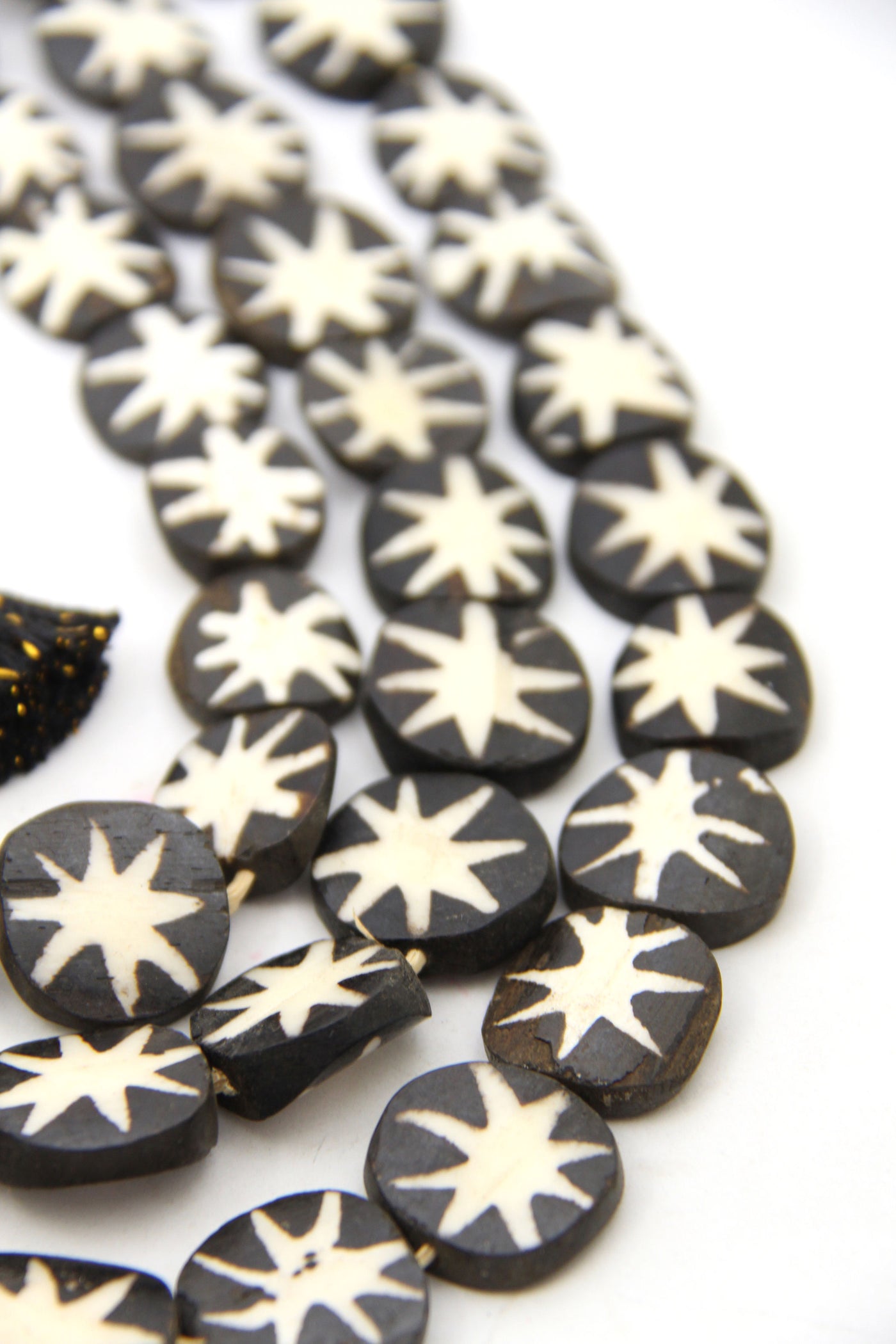 Black & White Star Pattern African Batik Bone Bead, Coin Shape, Kenya, 33" Necklace
