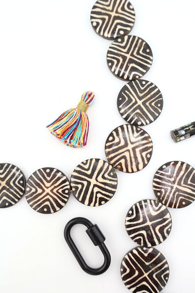 Black & White Tribal Batik Geometric Large Coin Bone Beads for use as pendants in DIY jewelry