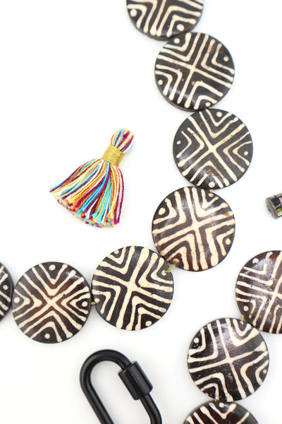 Black & White Tribal Batik Geometric Large Coin Bone Beads for use as pendants in DIY jewelry