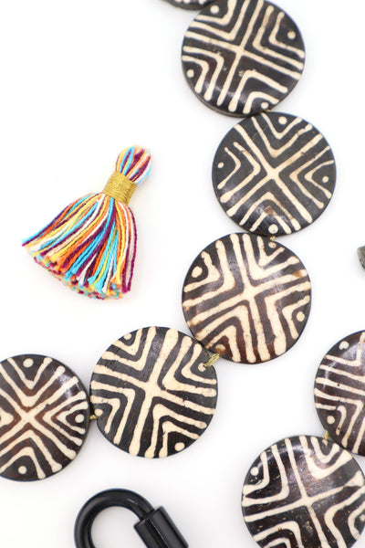 Black & White Tribal Batik Geometric Large Coin Bone Beads for use as pendants in DIY jewelry