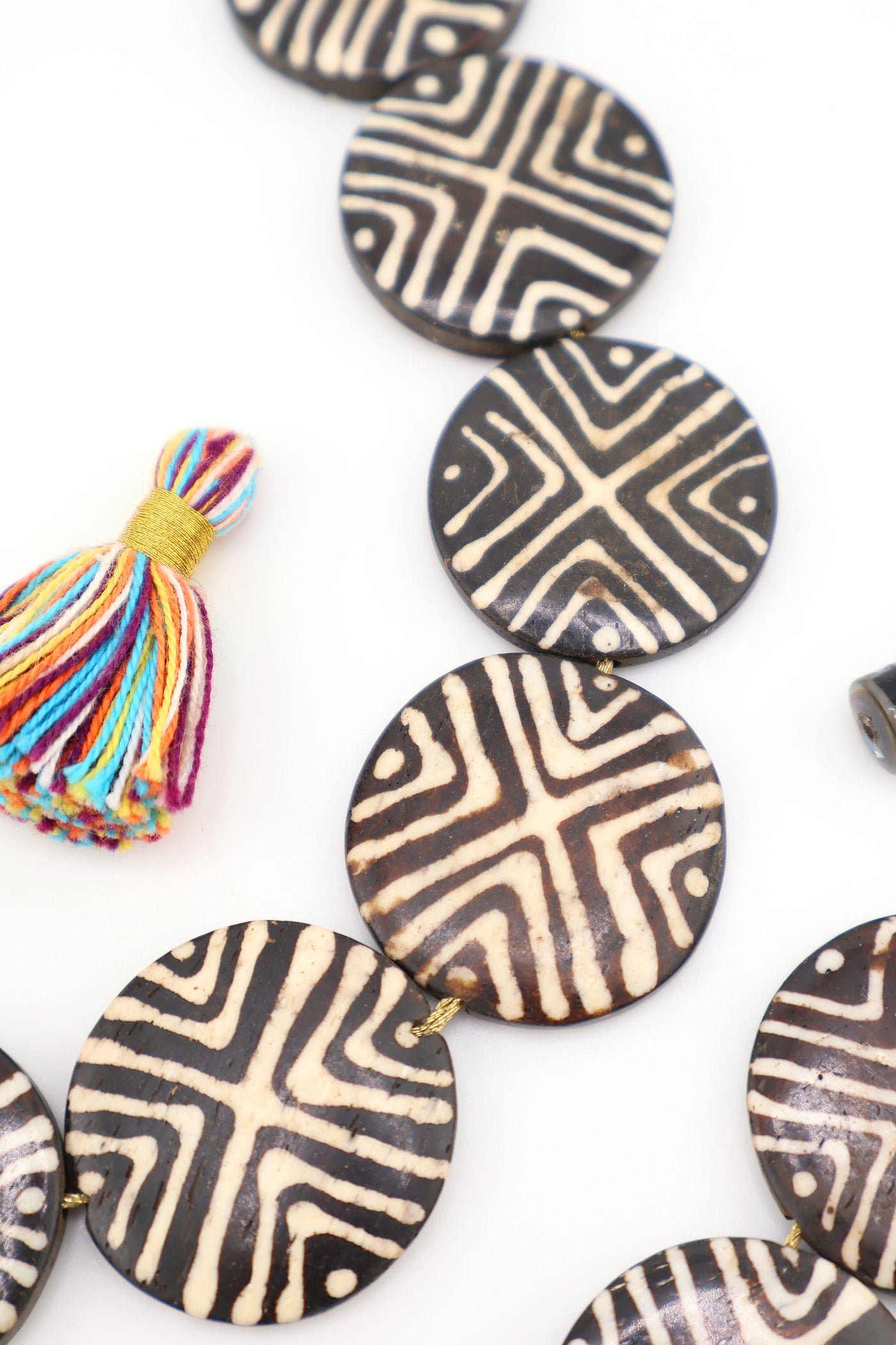 Black & White Tribal Batik Geometric Large Coin Bone Beads for use as pendants in DIY jewelry