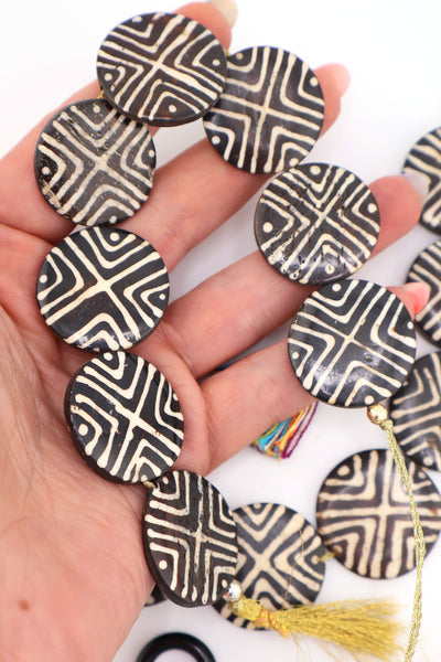 Black & White Tribal Batik Geometric Large Coin Bone Beads for use as pendants in DIY jewelry