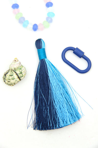 Blue Colorblocked Silky Luxe Jewelry Tassels, 3.5" Fringe Pendant, 1 Piece