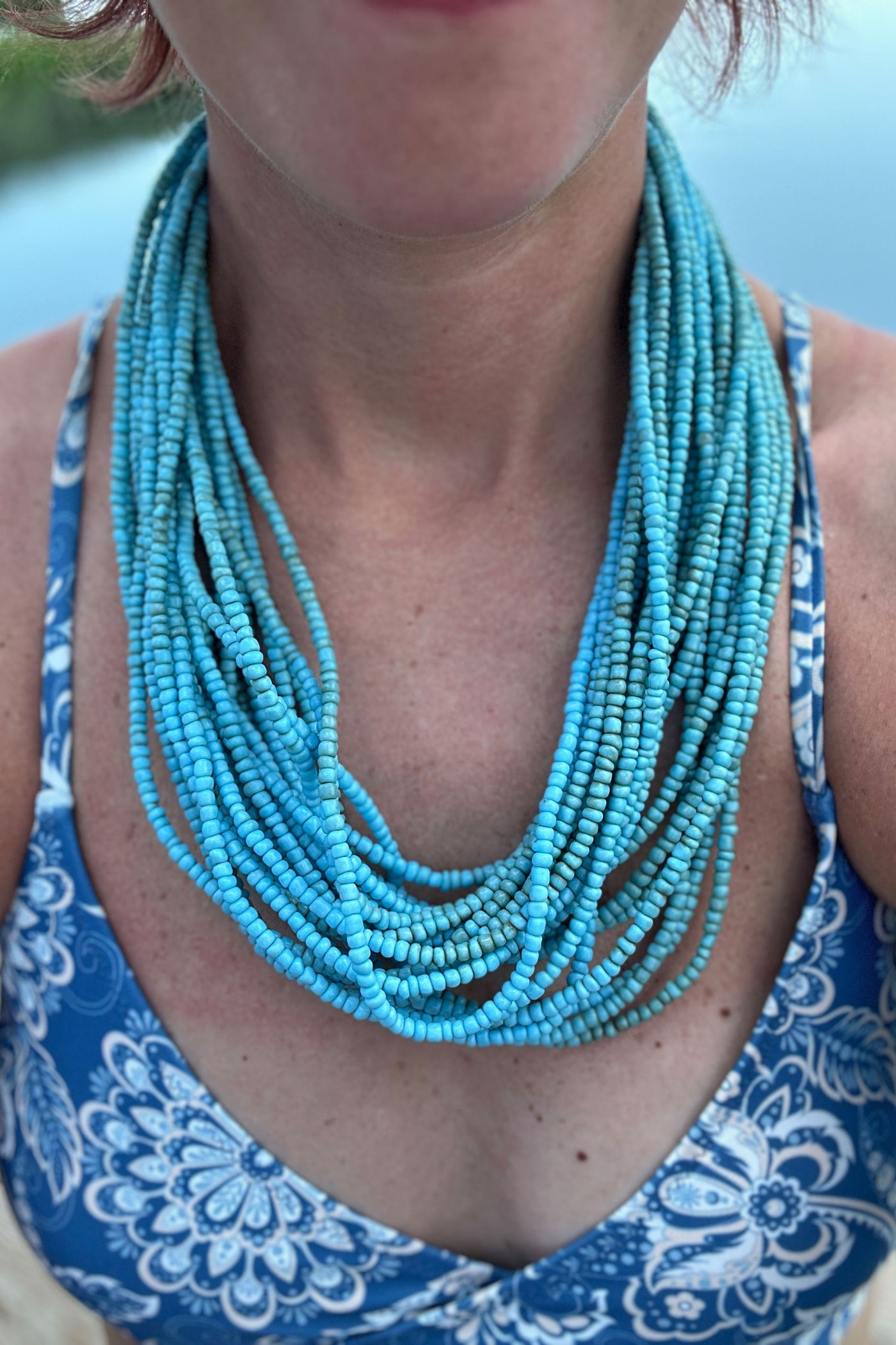 Aqua Blue Ghana Glass Beads, Beach Necklace, 4x3mm