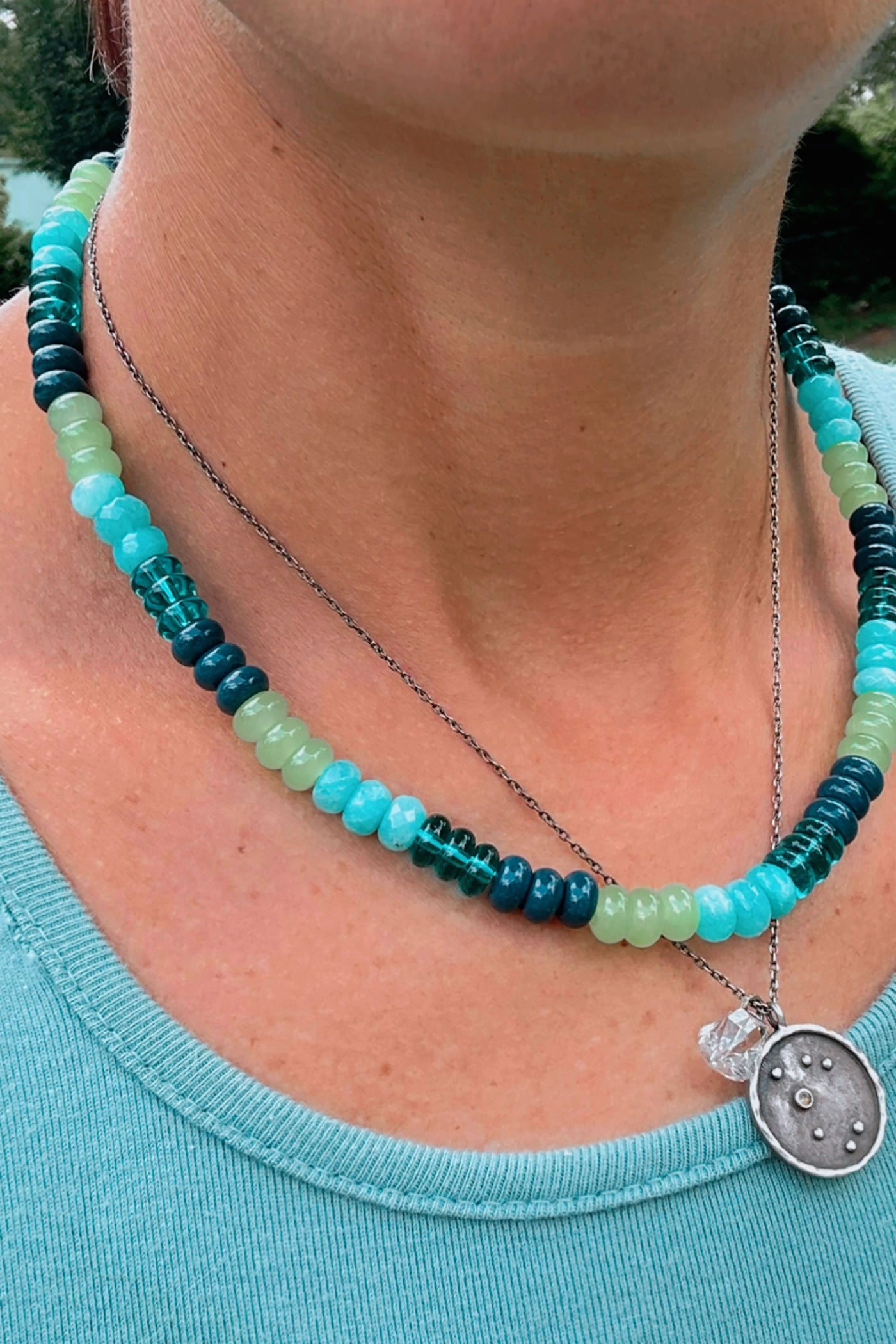 Sophia: Blue, Green Colorblock Necklace: Multi Gemstones, Adjustable jade necklace in blue, green