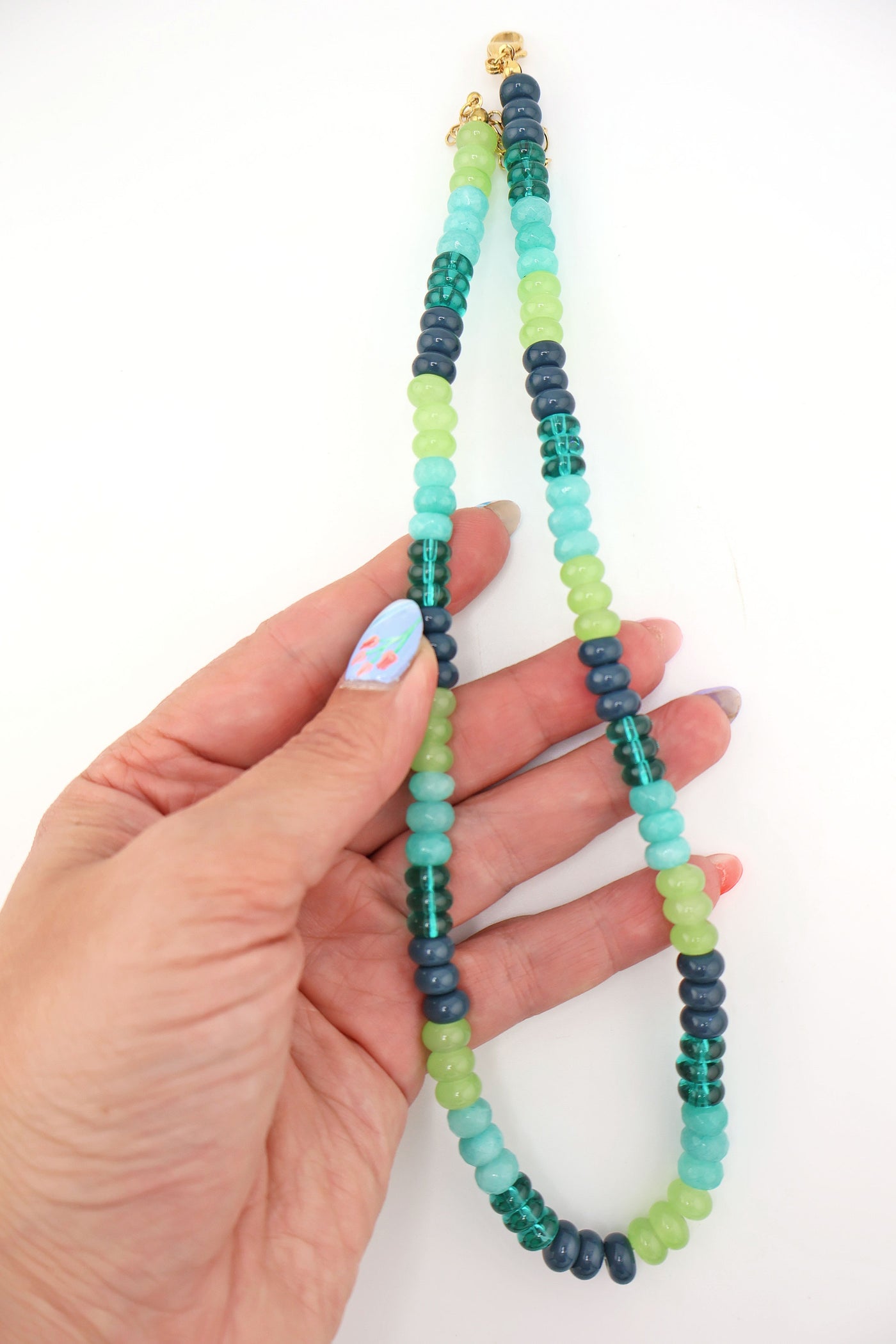 Sophia: Blue, Green Colorblock Necklace: Multi Gemstones, Adjustable jade necklace in blue, green